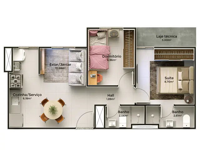 Planta Master Easy Serraria — 2 quartos com suíte, 46,82 m²