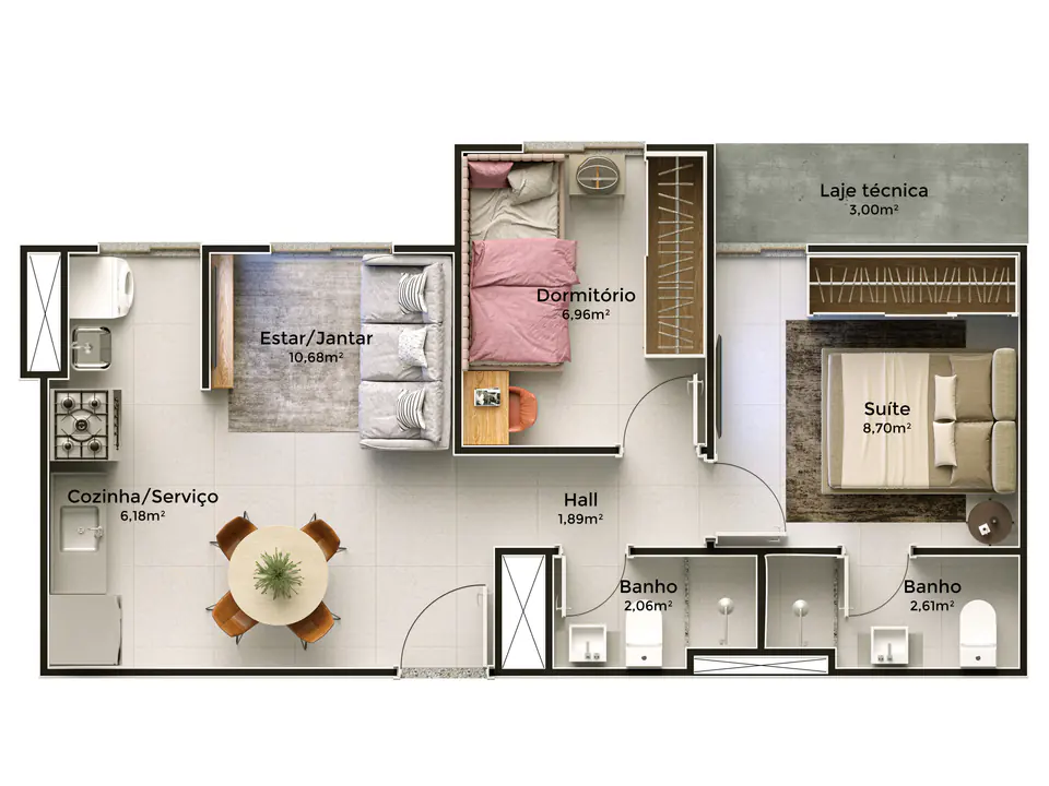Planta Master Easy Serraria — 2 quartos com suíte, 46,82 m²