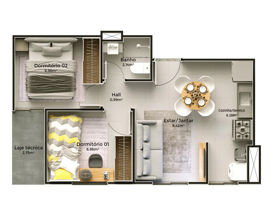 Planta Premium Easy Serraria — 2 quartos com suíte, 44,17 m²