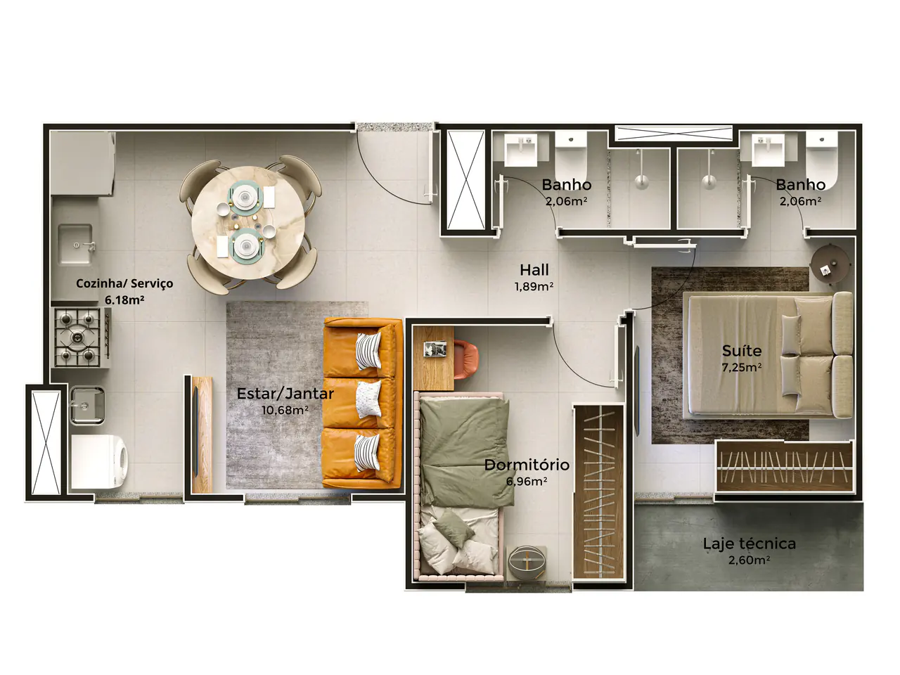 Planta Slim Easy Serraria — 2 quartos, 38,84 m²